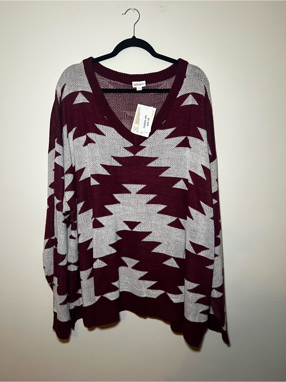 LuLaRoe Torrie Women's Burgundy and Gray Aztec V-Neck Sweater